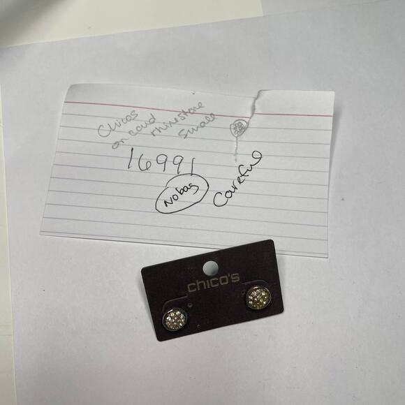 Chico's button earrings gold tone in silver tone setting post pierced classic - Picture 8 of 9